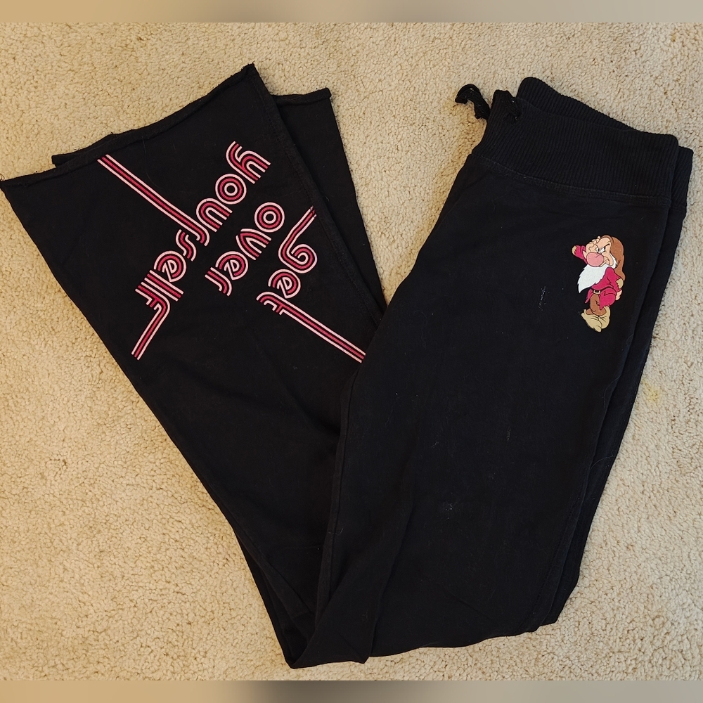 Y2K Disney Snow White Grumpy Dwarf Get Over Yourself Low Rise Flare Joggers.